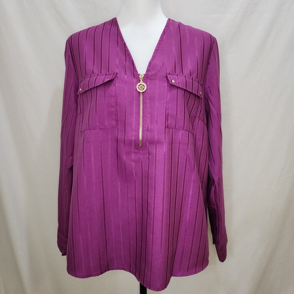 NWT Anne Klein Magenta Gold Zipper Long Sleeve Pockets Tunic Top, Medium